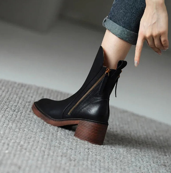 Velmira | Women's Chic Block-Heel Side-Zip Leather Ankle Boots