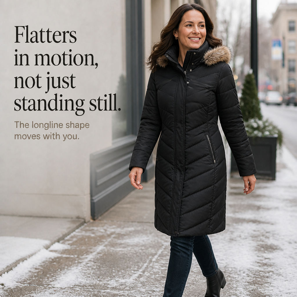 Chevronwarm | Longline Puffer Coat with Faux Fur Hood