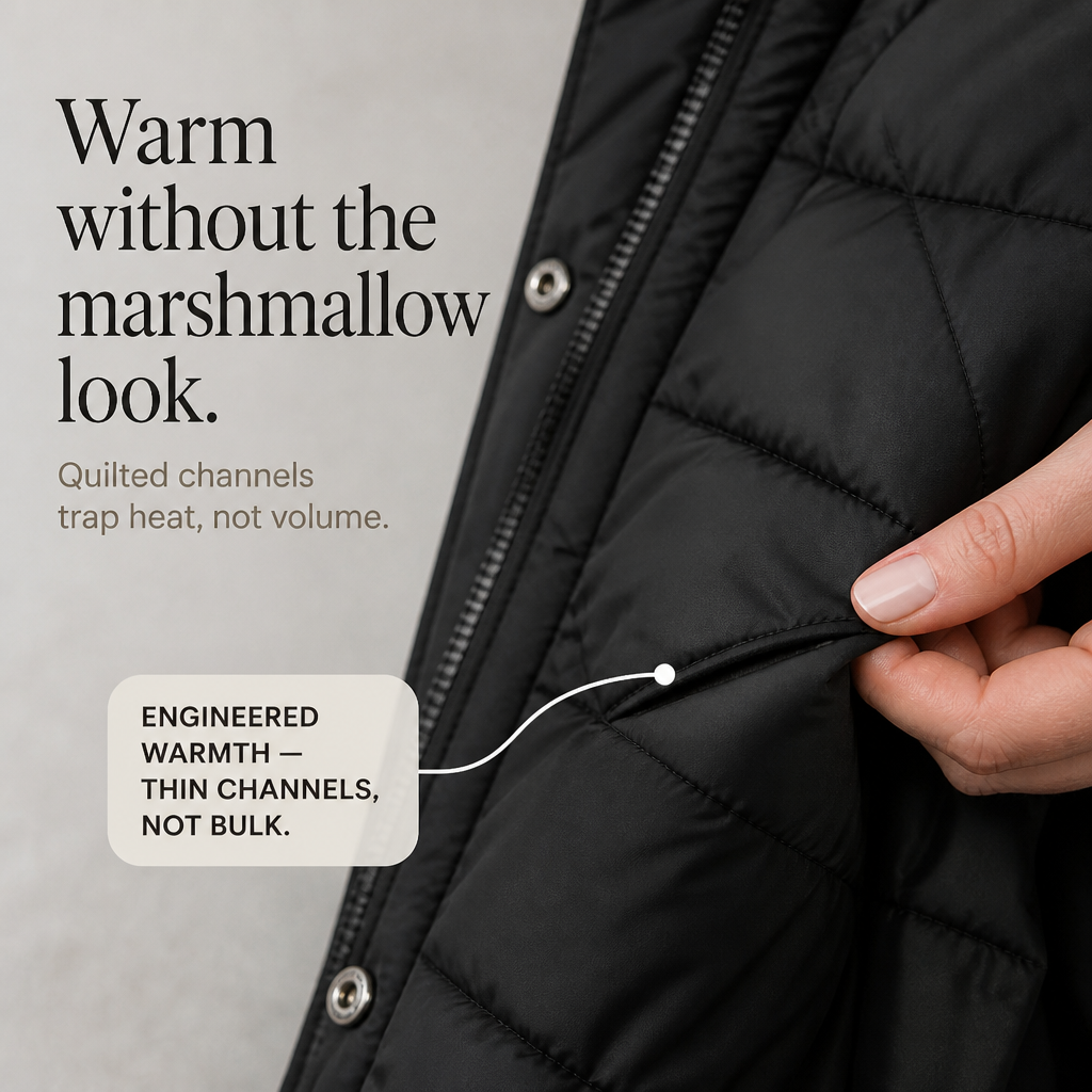 Chevronwarm | Longline Puffer Coat with Faux Fur Hood