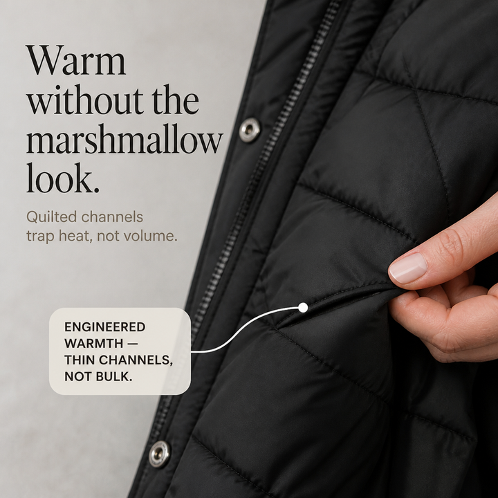 Chevronwarm | Longline Puffer Coat with Faux Fur Hood