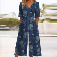 Rosalie | Cotton Floral V-Neck Relaxed Straight-Leg Jumpsuit