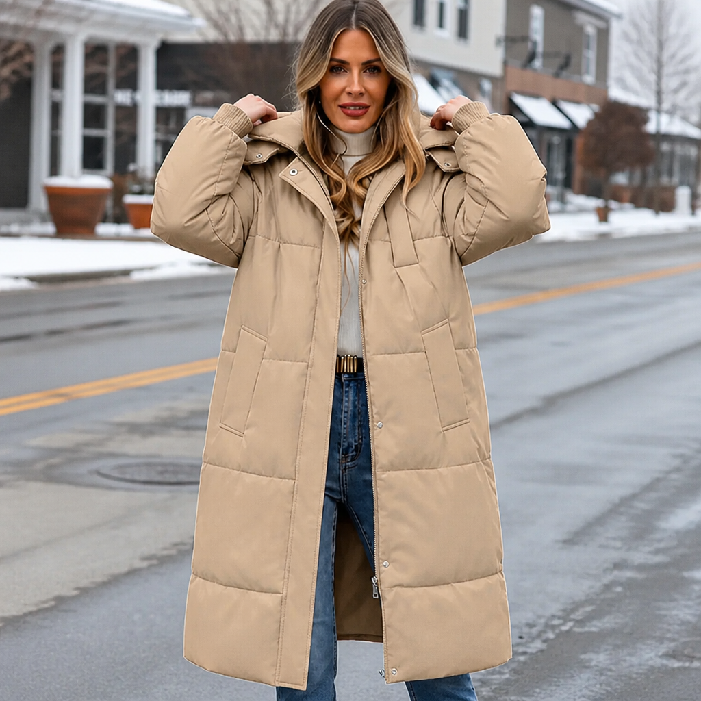 Wabella | Long Hooded Puffer Coat – Warm Close Fit for Women