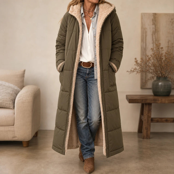 Revera | Reversible Hooded Longline Puffer Coat – Elegant Style for Women