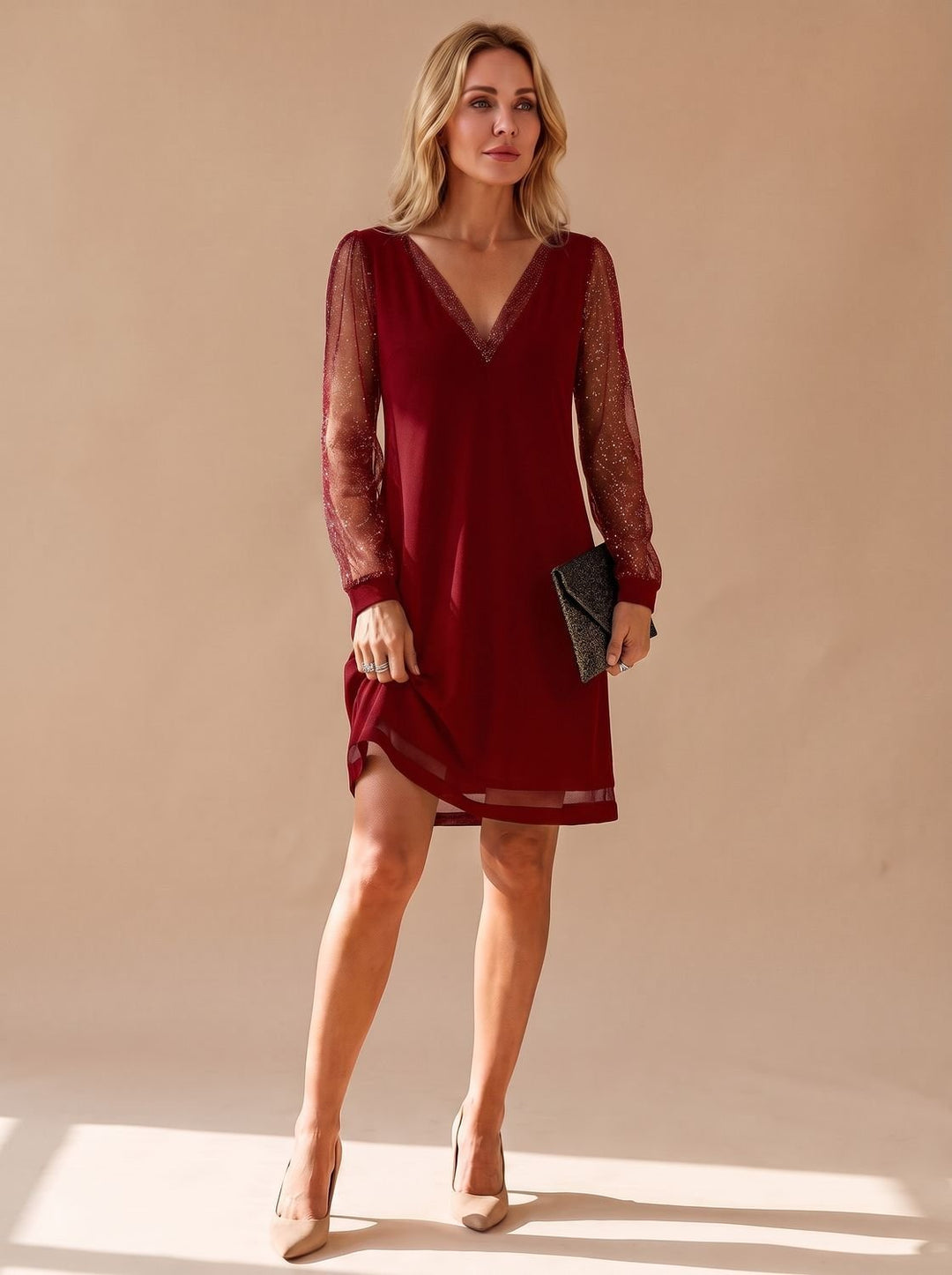 Sapphire | V-Neck Mini Dress – Glitter Mesh Sleeves for Women