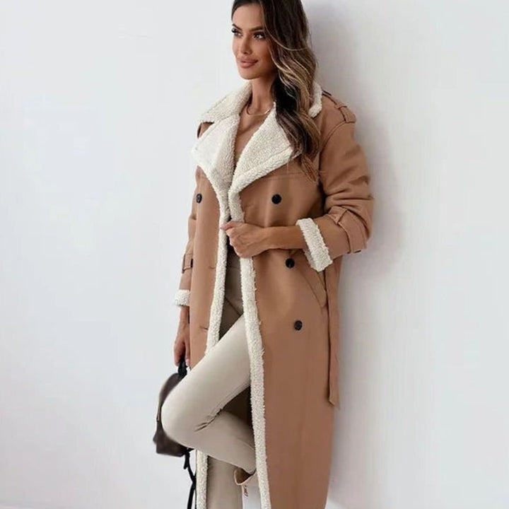 Elara | Long Winter Coat – Double-Breasted Faux Leather with Sherpa Lining