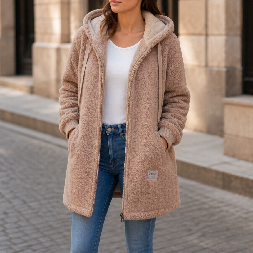 Veloura | Faux-Shearling Jacket – Cozy Mid-Length Hooded Style