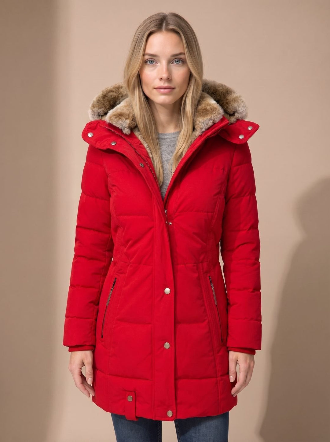 Calia | Longline Quilted Puffer Coat with Faux Fur Hood
