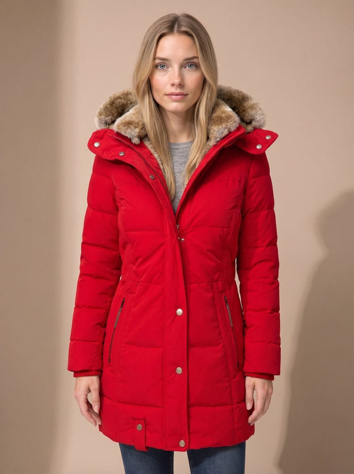 Calia | Longline Quilted Puffer Coat with Faux Fur Hood