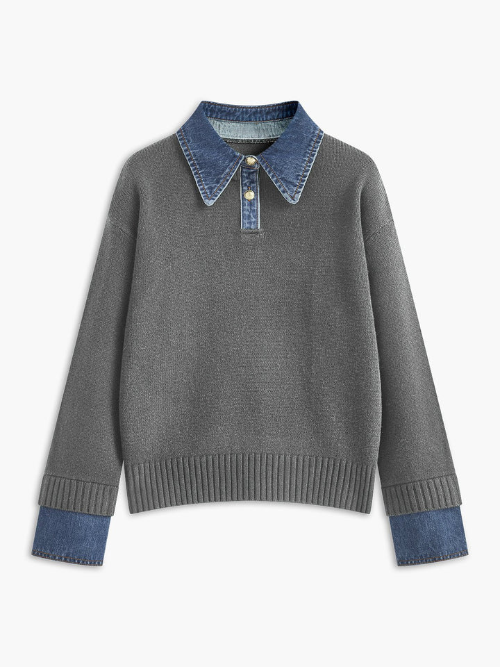 Camille | Maglione polo in maglia con colletto in denim