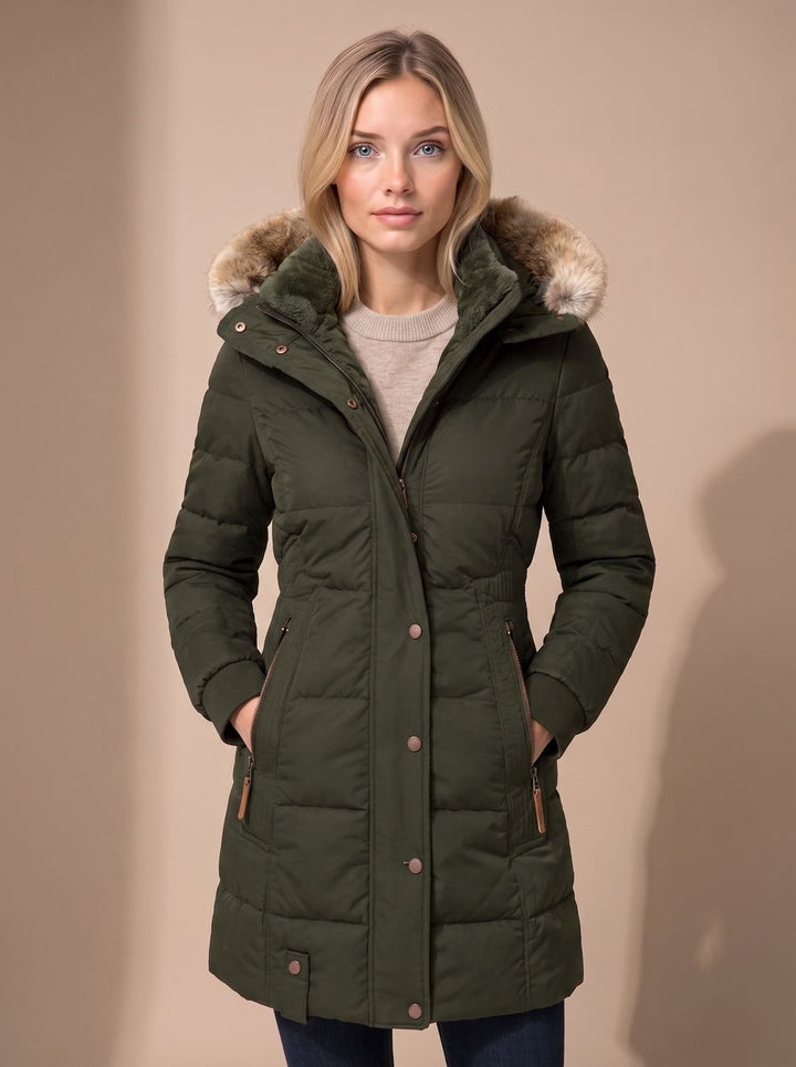Calia | Longline Quilted Puffer Coat with Faux Fur Hood