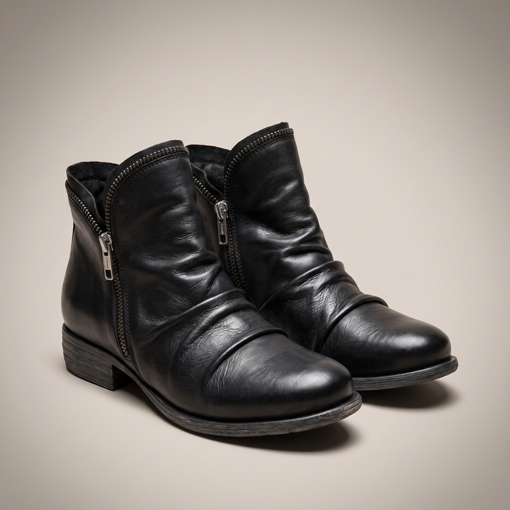 Mila | Ruched Leather Side-Zip Low-Heel Ankle Boots - Image 3