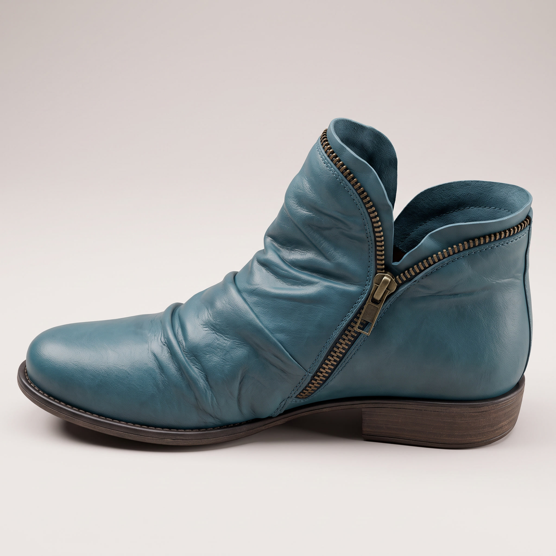 Mila | Ruched Leather Side-Zip Low-Heel Ankle Boots