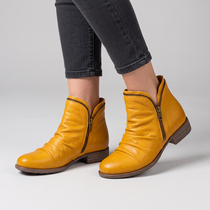 Mila | Ruched Leather Side-Zip Low-Heel Ankle Boots - Image 6