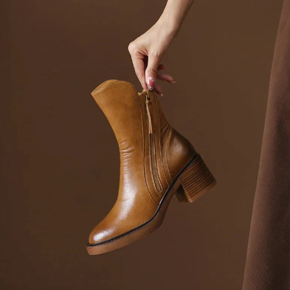 Velmira | Women's Chic Block-Heel Side-Zip Leather Ankle Boots