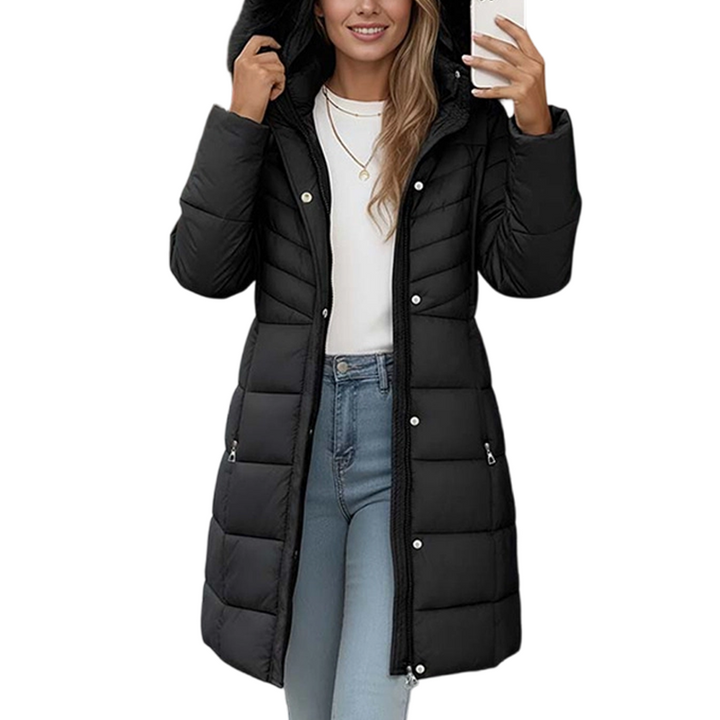 Chevronwarm | Longline Puffer Coat with Faux Fur Hood