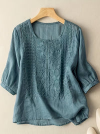Camille | Embroidered Scoop-Neck Three-Quarter Sleeve Blouse