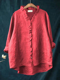 Margot | Cotton-Linen Ruffle V-Neck Blouse