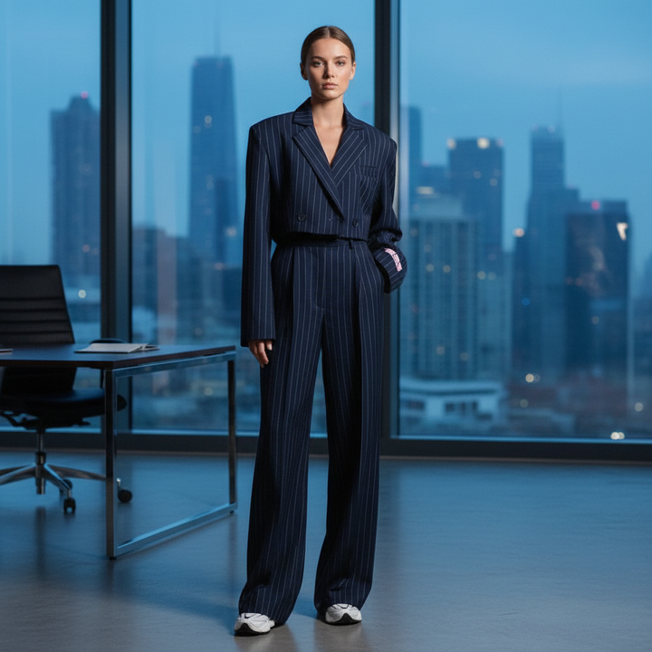 Regina | Women's Striped Blazer & Wide-Leg Pants Set