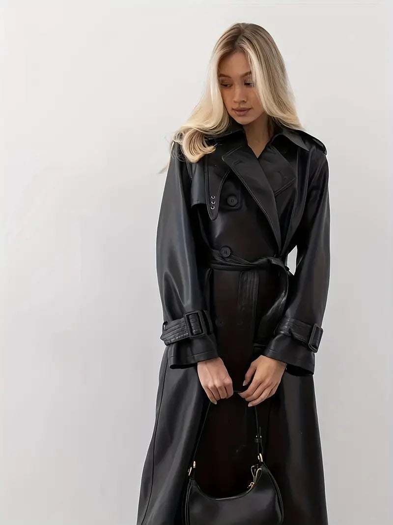 Valerie | Women's Elegant Long Belted Faux Leather Trench Coat