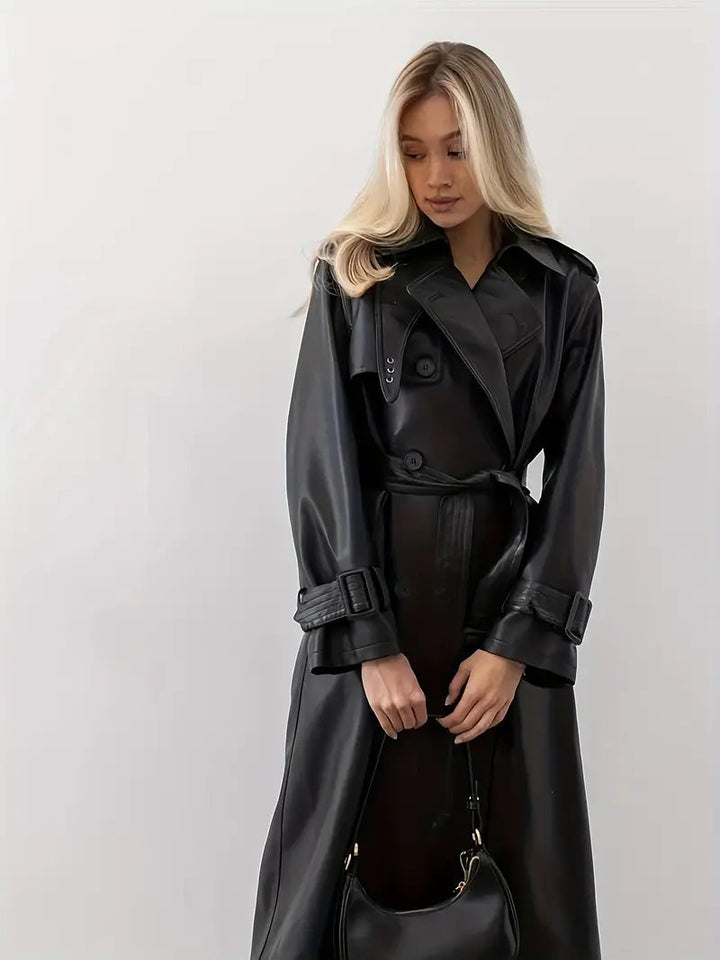 Valerie | Women's Elegant Long Belted Faux Leather Trench Coat