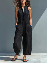 Evangeline | Linen-Blend Sleeveless Button-Front Relaxed Jumpsuit