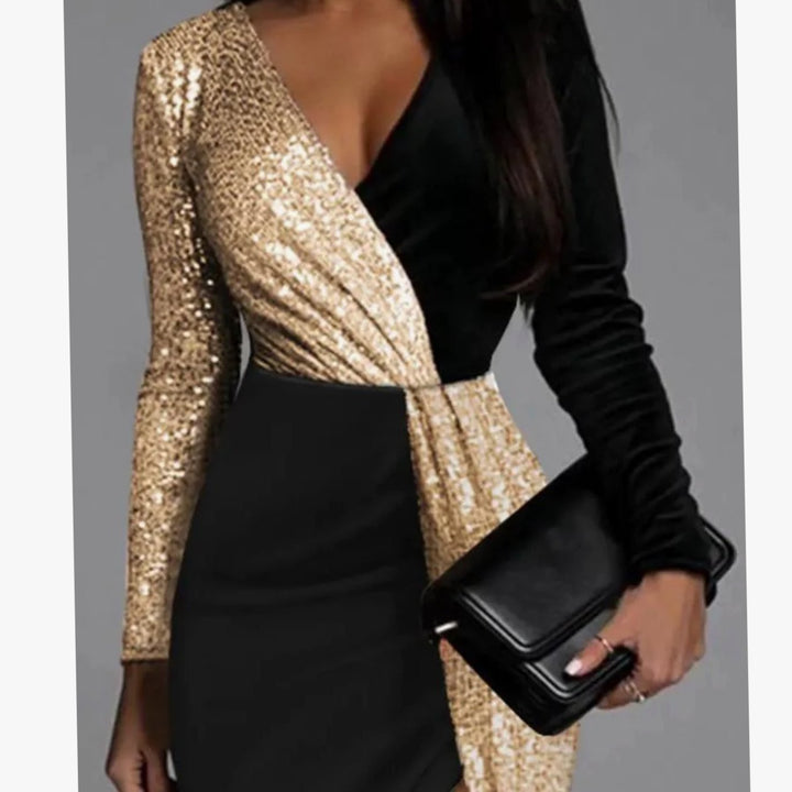 Sapphire | Color-Block Long-Sleeve Dress with Sequins