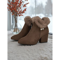 Annika | Faux-Fur Trim Pointed-Toe Block-Heel Ankle Boots