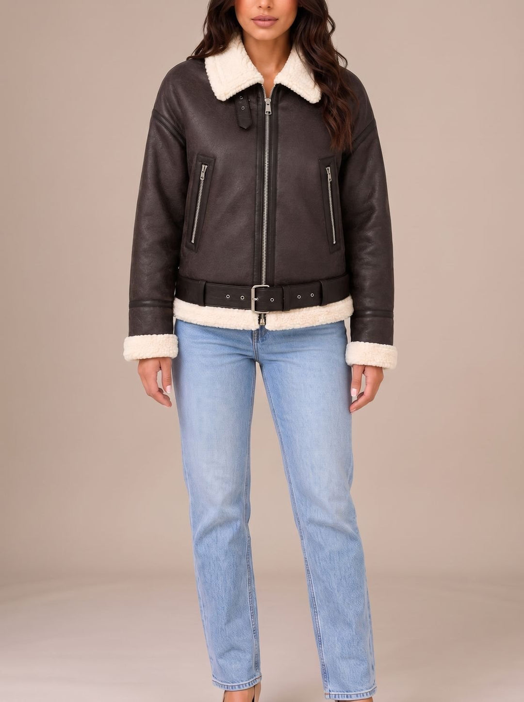 Marlene | Aviator Jacket with Faux Fur Trim and Belt
