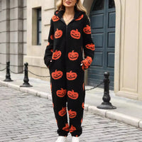 Holly | Hooded Fleece Pumpkin Halloween Jumpsuit