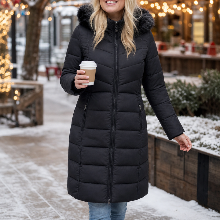 Chevronwarm | Longline Puffer Coat with Faux Fur Hood