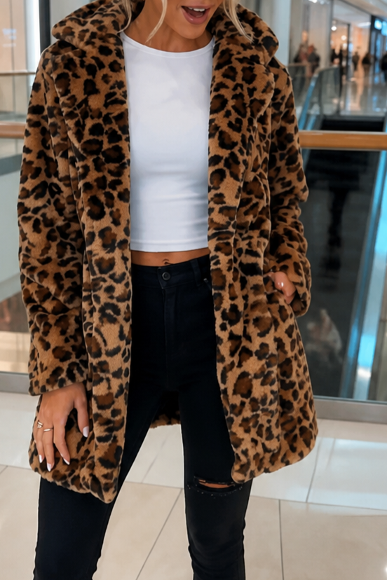 Lina | Leopard Print Faux Fur Coat – Stylish Open Front for Women