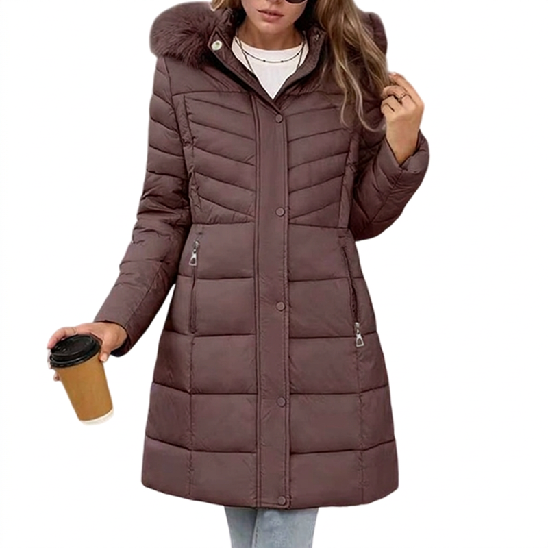 Chevronwarm | Longline Puffer Coat with Faux Fur Hood