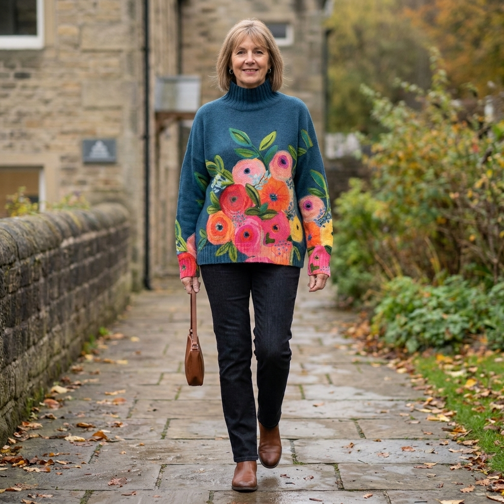 Daphne | Floral Turtleneck Jumper – Cozy Knit Sweater