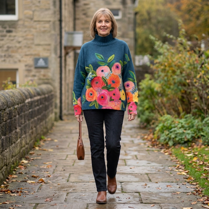 Daphne | Floral Turtleneck Jumper – Cozy Knit Sweater