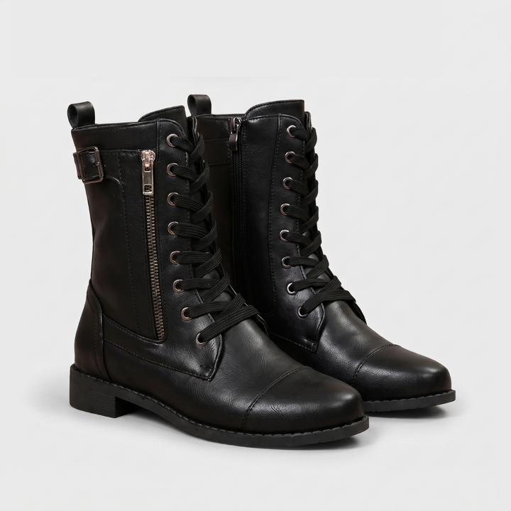 Brielle | Leather Lace-Up Buckle-Strap Side-Zip Boots
