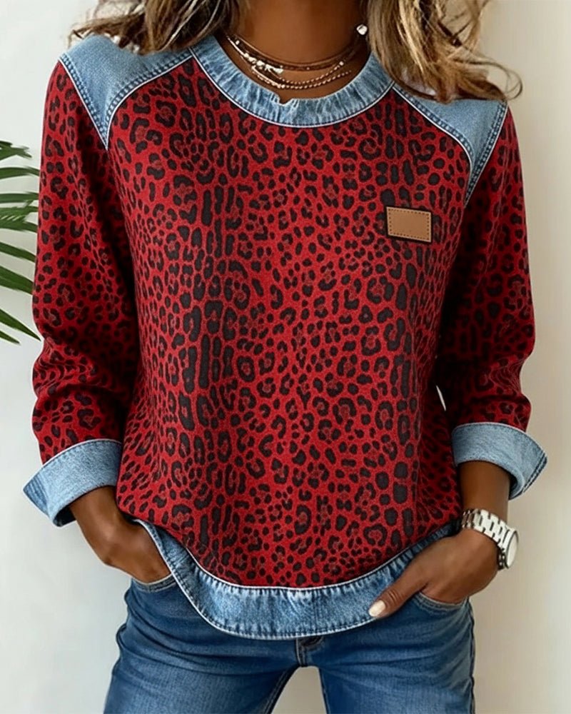 Liora | Leopard Print Denim Patchwork Pullover