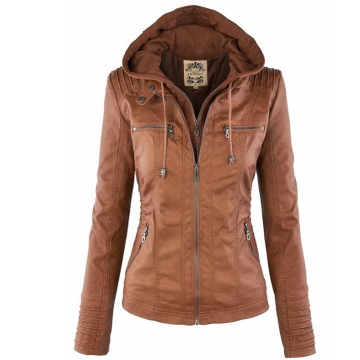 Vera | Faux Leather Jacket – Fitted Moto Style with Removable Hood