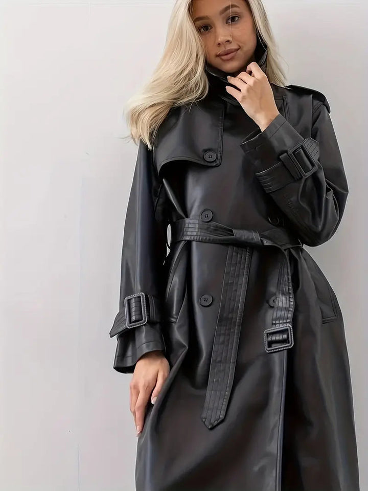 Valerie | Women's Elegant Long Belted Faux Leather Trench Coat
