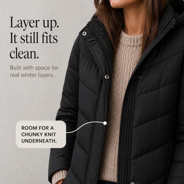 Chevronwarm | Longline Puffer Coat with Faux Fur Hood
