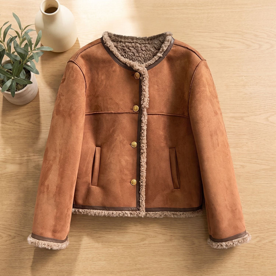 Gretel | Short Leather Jacket with Faux Shearling Lining