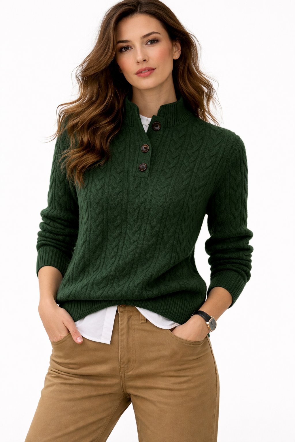 Isla | Maglione in maglia a trecce con collo abbottonato