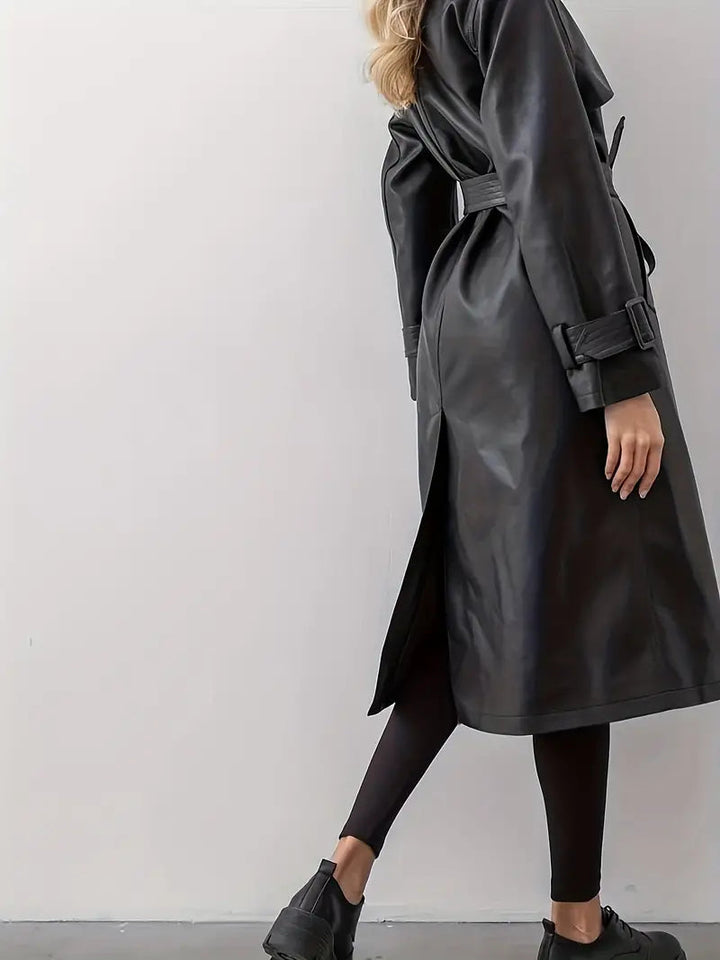 Valerie | Women's Elegant Long Belted Faux Leather Trench Coat