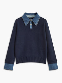 Camille | Maglione polo in maglia con colletto in denim