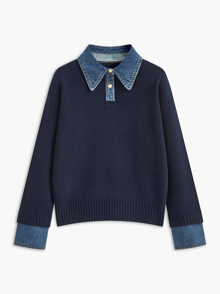 Camille | Maglione polo in maglia con colletto in denim