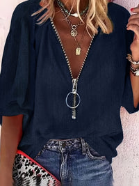 Maelle | Zip-Front V-Neck Three-Quarter Sleeve Blouse