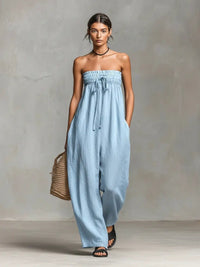 Juliette | Linen-Blend Strapless Tie-Waist Wide-Leg Jumpsuit