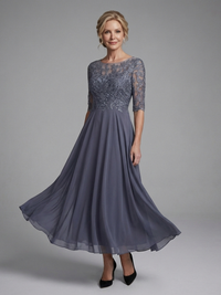 Evelina | Lace Bodice Midi Dress with Sheer Sleeves