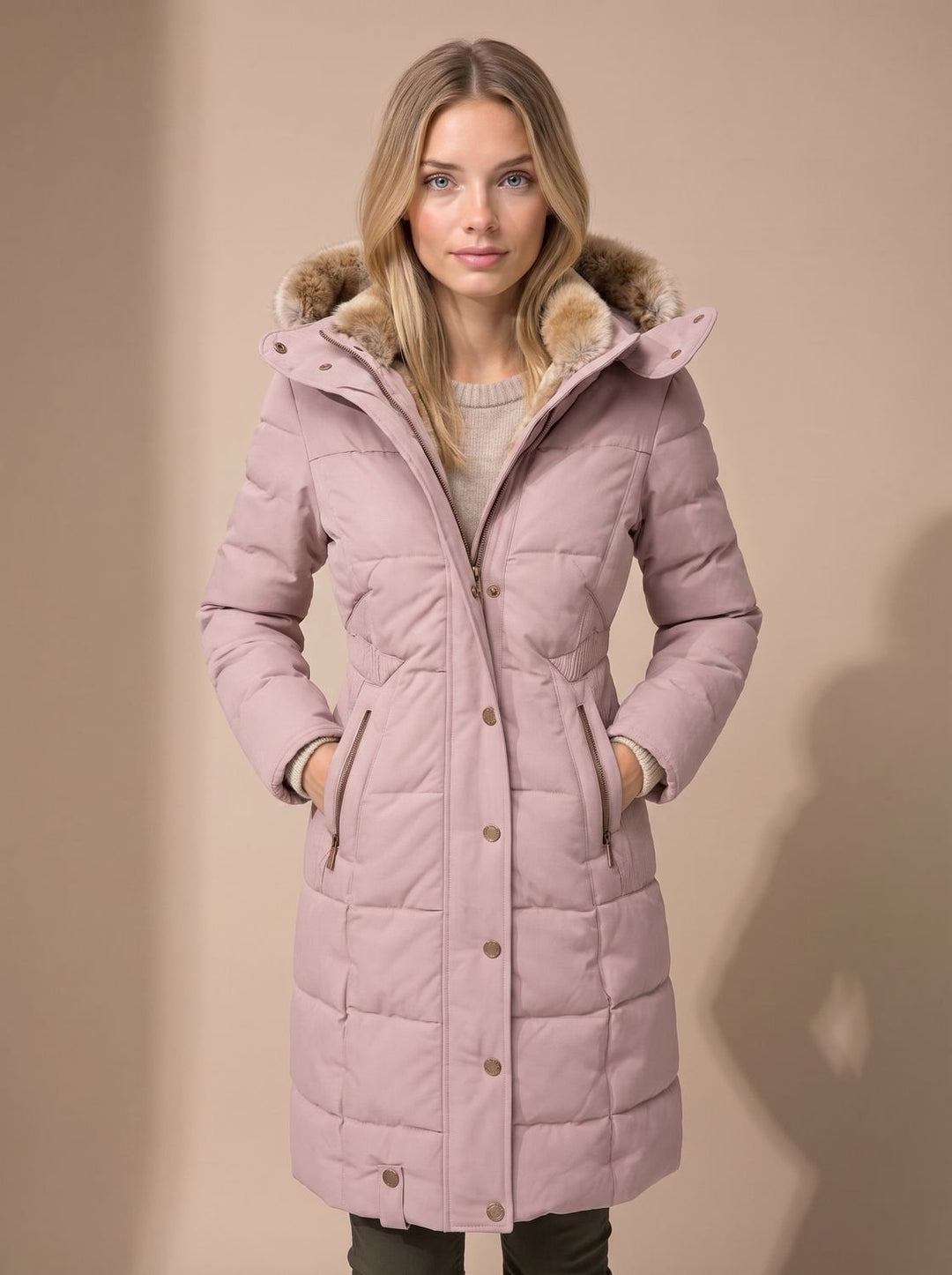 Calia | Longline Quilted Puffer Coat with Faux Fur Hood