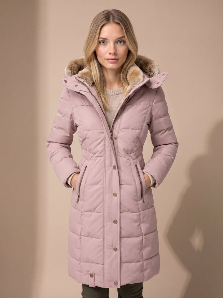 Calia | Longline Quilted Puffer Coat with Faux Fur Hood