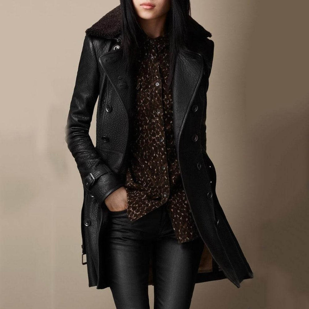 Olivia | Leather Jacket – Double-Breasted 3/4 Length with Shearling Collar